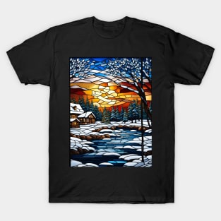 Stained Glass Window Snowy Winter Scene T-Shirt